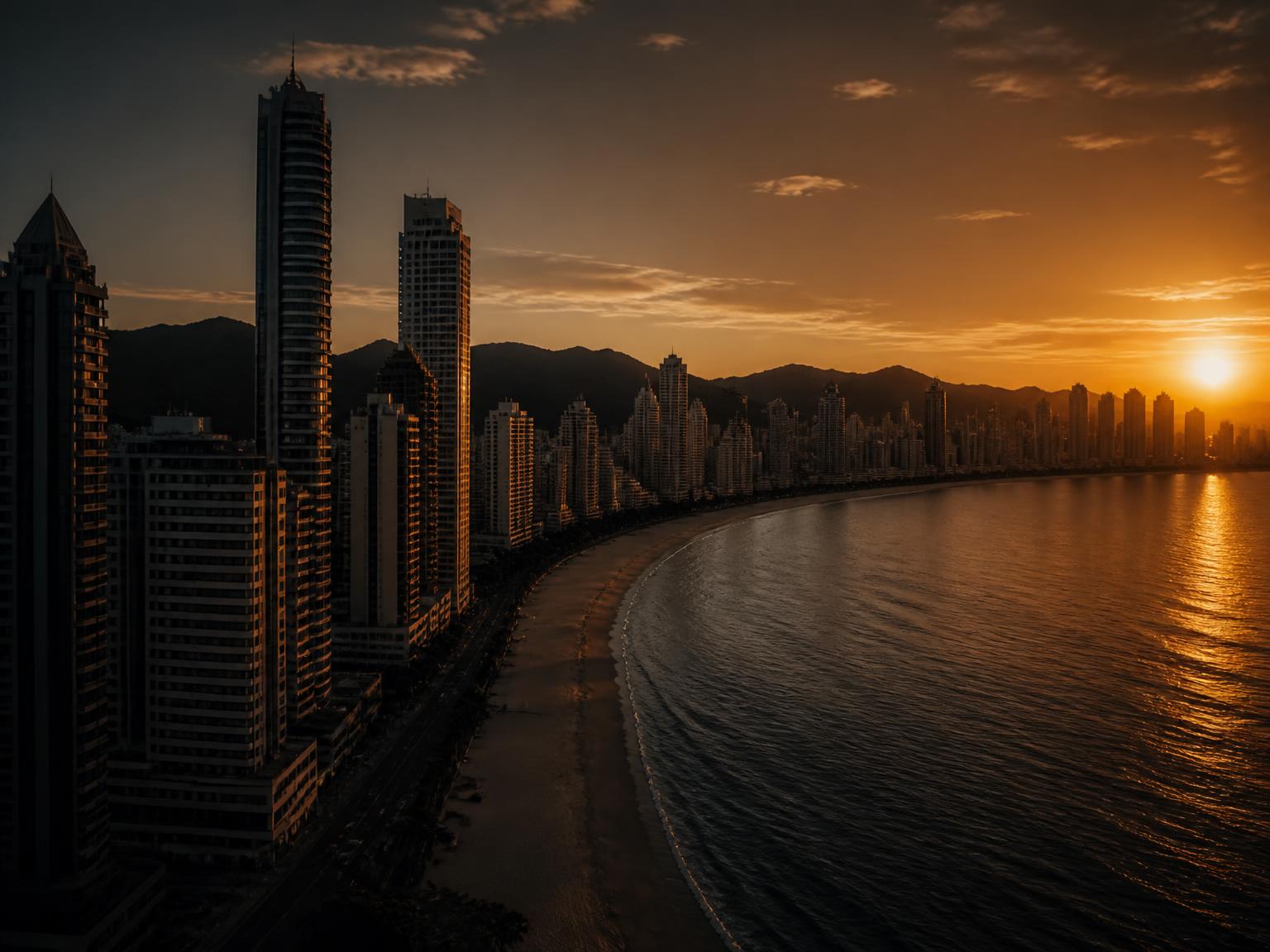 Vista aérea do litoral de Santa Catarina ao pôr do sol com torres residenciais de alto padrão